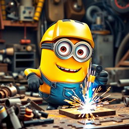A lively yellow Minion confidently operating a welding machine, welding a metal piece with bright sparks flying