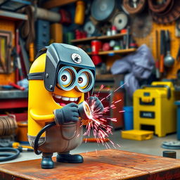 A playful yellow Minion holding a welding machine, focused on welding a metal piece with bright sparks flying around