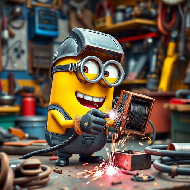 A playful yellow Minion holding a welding machine, focused on welding a metal piece with bright sparks flying around