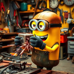 A playful yellow Minion holding a welding machine, focused on welding a metal piece with bright sparks flying around