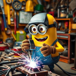 A playful yellow Minion holding a welding machine, focused on welding a metal piece with bright sparks flying around