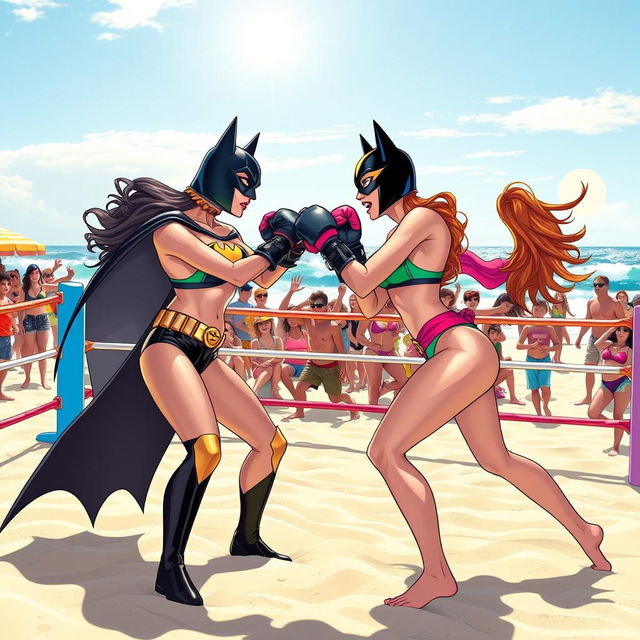 A vibrant beach scene with Batgirl and Batwoman engaged in a fun and energetic boxing match, both wearing colorful bikinis and fighting in a boxing ring set up on the sandy beach