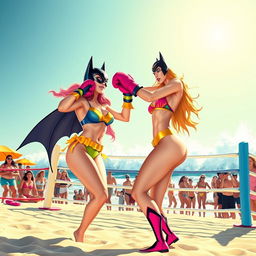 A vibrant beach scene with Batgirl and Batwoman engaged in a fun and energetic boxing match, both wearing colorful bikinis and fighting in a boxing ring set up on the sandy beach