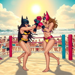 A vibrant beach scene with Batgirl and Batwoman engaged in a fun and energetic boxing match, both wearing colorful bikinis and fighting in a boxing ring set up on the sandy beach