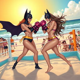 A vibrant beach scene with Batgirl and Batwoman engaged in a fun and energetic boxing match, both wearing colorful bikinis and fighting in a boxing ring set up on the sandy beach