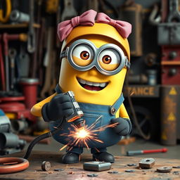 A female Minion, characterized by a cute bow on its head, confidently holding a welding machine, focused on welding a metal piece