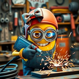 A female Minion, characterized by a cute bow on its head, confidently holding a welding machine, focused on welding a metal piece