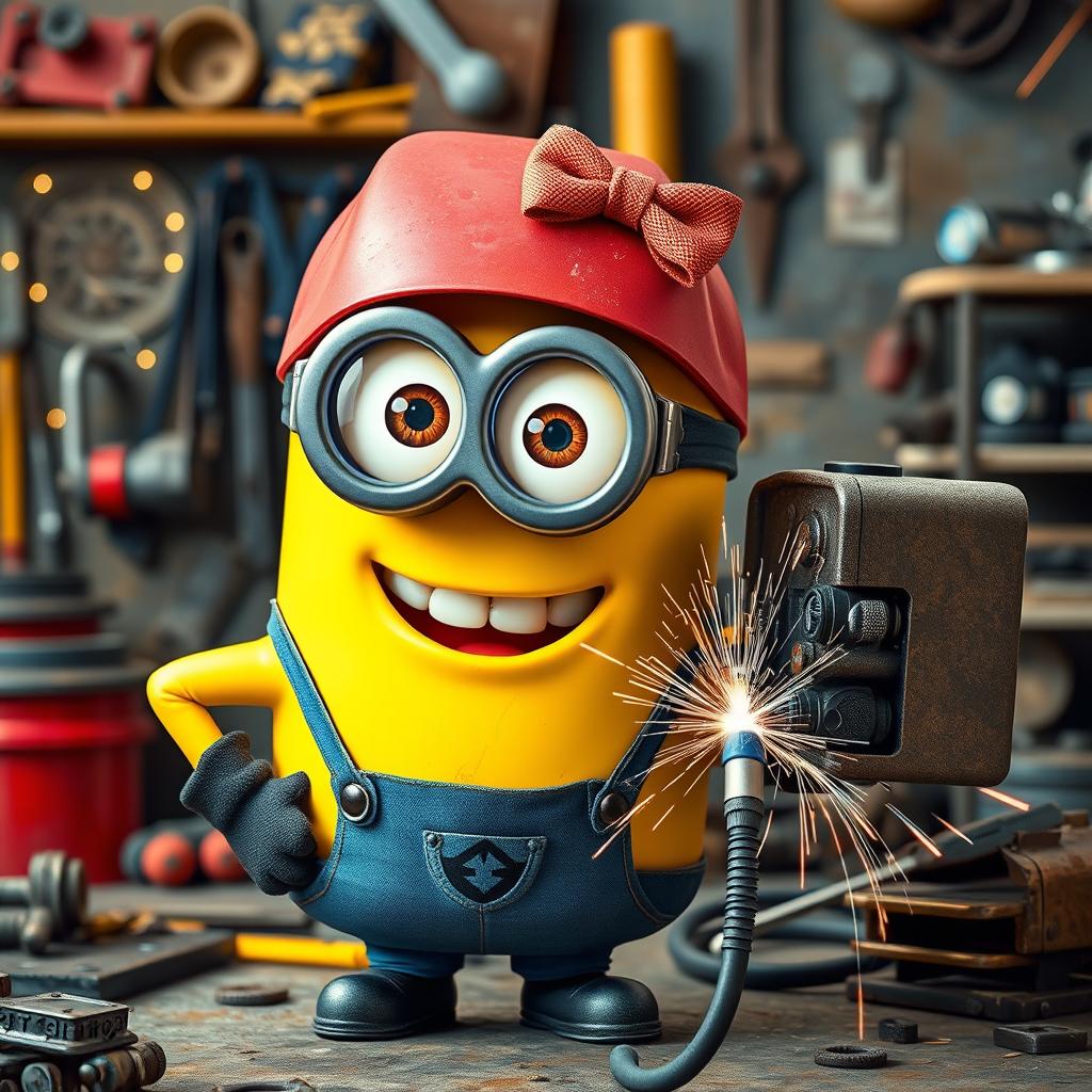 A female Minion, characterized by a cute bow on its head, confidently holding a welding machine, focused on welding a metal piece