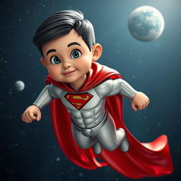 A 3D superhero mascot designed for a website, featuring a young boy approximately 3 years old with short black hair and a muscular build, resembling a kid version of Superman