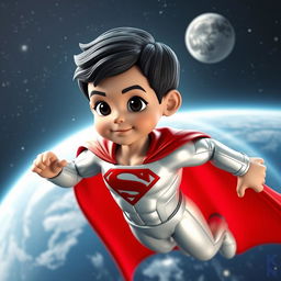 A 3D superhero mascot designed for a website, featuring a young boy approximately 3 years old with short black hair and a muscular build, resembling a kid version of Superman