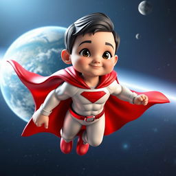 A 3D superhero mascot designed for a website, featuring a young boy approximately 3 years old with short black hair and a muscular build, resembling a kid version of Superman