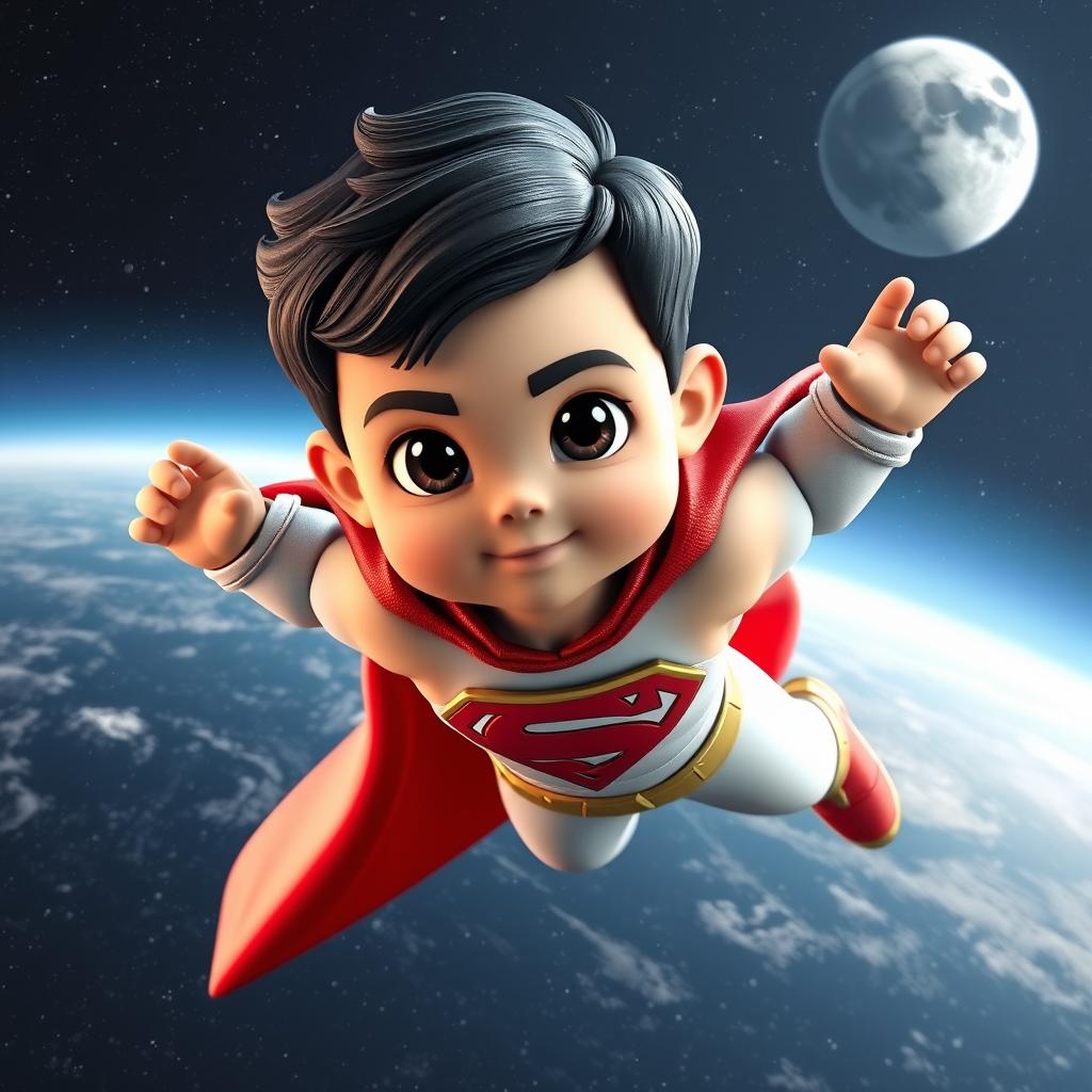 A 3D superhero mascot designed for a website, featuring a young boy approximately 3 years old with short black hair and a muscular build, resembling a kid version of Superman