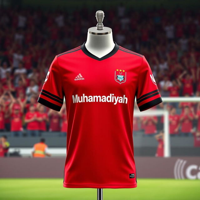 A football jersey designed for Muhammadiyah, featuring a bold, vibrant red color