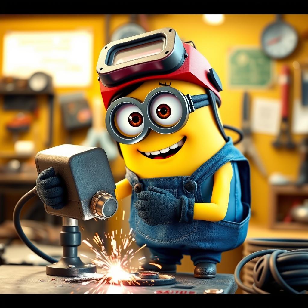 A female Minion, wearing a slightly feminine outfit, with long eyelashes that enhance her cute appearance, confidently holding a welding machine while welding a metal piece
