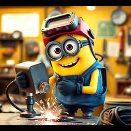 A female Minion, wearing a slightly feminine outfit, with long eyelashes that enhance her cute appearance, confidently holding a welding machine while welding a metal piece