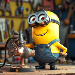 A female Minion, wearing a slightly feminine outfit, with long eyelashes that enhance her cute appearance, confidently holding a welding machine while welding a metal piece