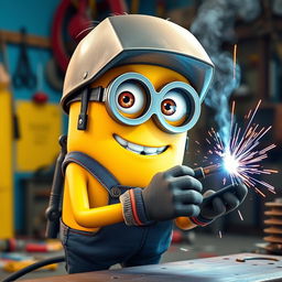 A female Minion, wearing a slightly feminine outfit, with long eyelashes that enhance her cute appearance, confidently holding a welding machine while welding a metal piece