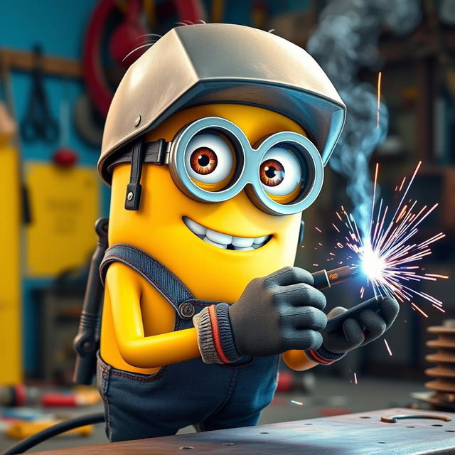 A female Minion, wearing a slightly feminine outfit, with long eyelashes that enhance her cute appearance, confidently holding a welding machine while welding a metal piece