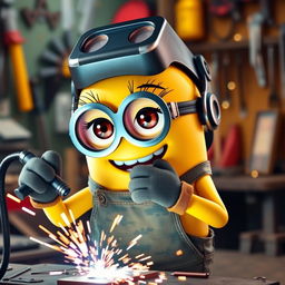 A female Minion, wearing a slightly feminine outfit, with long eyelashes that enhance her cute appearance, confidently holding a welding machine while welding a metal piece