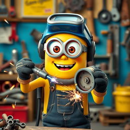A female Minion, with a cute feminine outfit complemented by long eyelashes that give her a charming appearance, confidently holding a welding machine while welding a metal piece