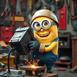 A female Minion, with a cute feminine outfit complemented by long eyelashes that give her a charming appearance, confidently holding a welding machine while welding a metal piece