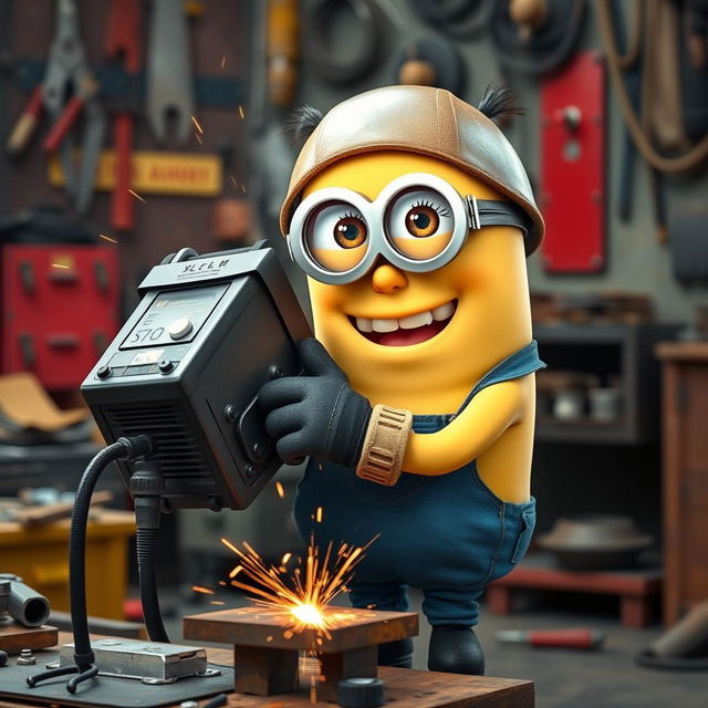 A female Minion, with a cute feminine outfit complemented by long eyelashes that give her a charming appearance, confidently holding a welding machine while welding a metal piece