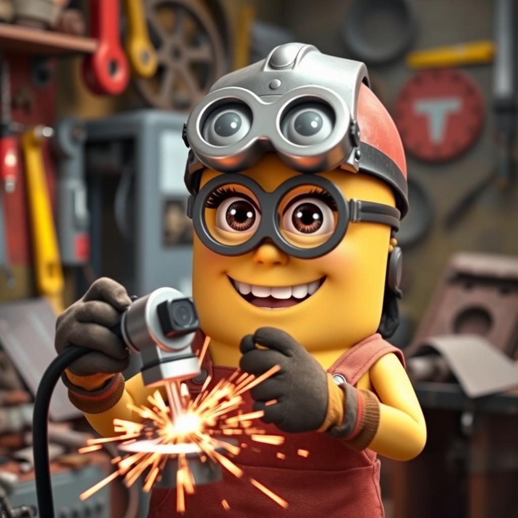 A female Minion, with a cute feminine outfit complemented by long eyelashes that give her a charming appearance, confidently holding a welding machine while welding a metal piece