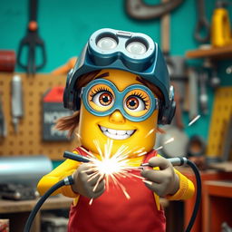 A female Minion, with a cute feminine outfit complemented by long eyelashes that give her a charming appearance, confidently holding a welding machine while welding a metal piece
