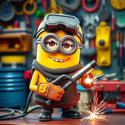 A female Minion, dressed in a stylish and feminine outfit that fits her playful character, featuring long eyelashes that add to her charm, is confidently holding a welding machine while welding a metal piece