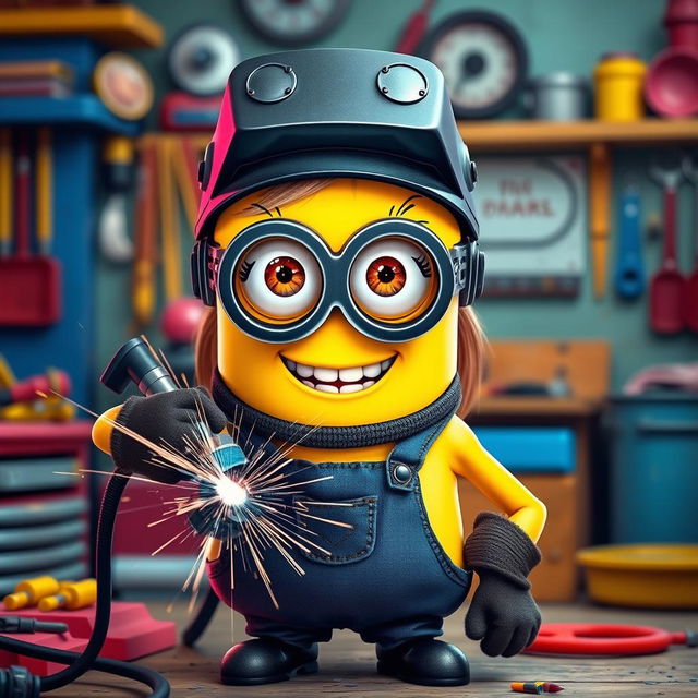 A female Minion, dressed in a stylish and feminine outfit that fits her playful character, featuring long eyelashes that add to her charm, is confidently holding a welding machine while welding a metal piece