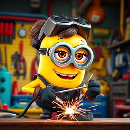 A female Minion, dressed in a stylish and feminine outfit that fits her playful character, featuring long eyelashes that add to her charm, is confidently holding a welding machine while welding a metal piece
