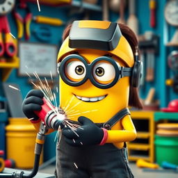 A female Minion, dressed in a stylish and feminine outfit that fits her playful character, featuring long eyelashes that add to her charm, is confidently holding a welding machine while welding a metal piece