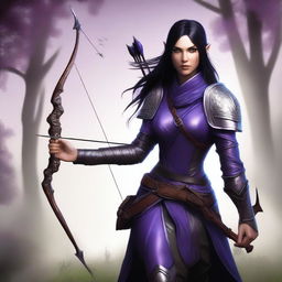 A digital art image of a female wood elf ranger, rendered in the highest quality