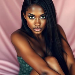 A beautiful woman with dark skin, long straight hair, and striking green eyes, seated gracefully in a sensual pose, exuding confidence and allure