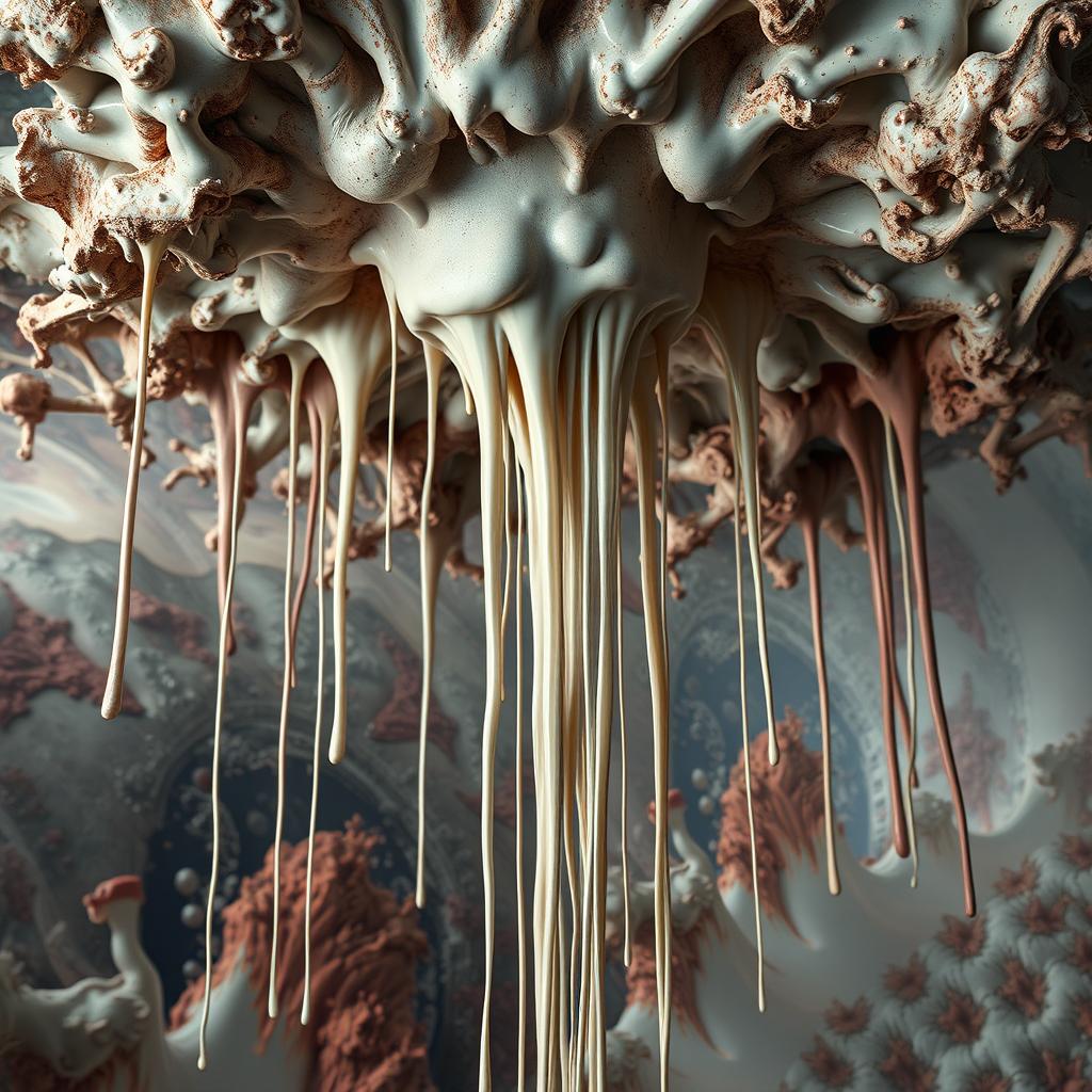 An abstract and provocative artistic representation featuring long threads of a viscous substance dripping from a surreal ceiling, creating a striking visual impact