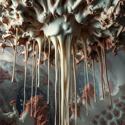 An abstract and provocative artistic representation featuring long threads of a viscous substance dripping from a surreal ceiling, creating a striking visual impact