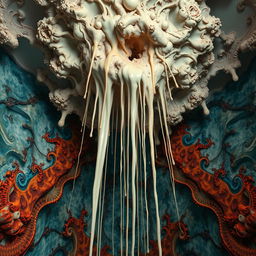 An abstract and provocative artistic representation featuring long threads of a viscous substance dripping from a surreal ceiling, creating a striking visual impact