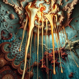 An abstract and provocative artistic representation featuring long threads of a viscous substance dripping from a surreal ceiling, creating a striking visual impact