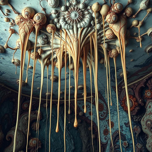 An abstract and provocative artistic representation featuring long threads of a viscous substance dripping from a surreal ceiling, creating a striking visual impact