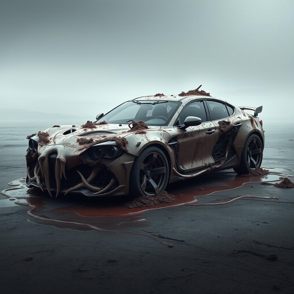 A haunting and provocative artistic representation of a conceptual car, designed with an unsettling and surreal aesthetic