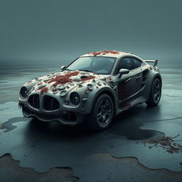 A haunting and provocative artistic representation of a conceptual car, designed with an unsettling and surreal aesthetic
