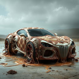 A haunting and provocative artistic representation of a conceptual car, designed with an unsettling and surreal aesthetic