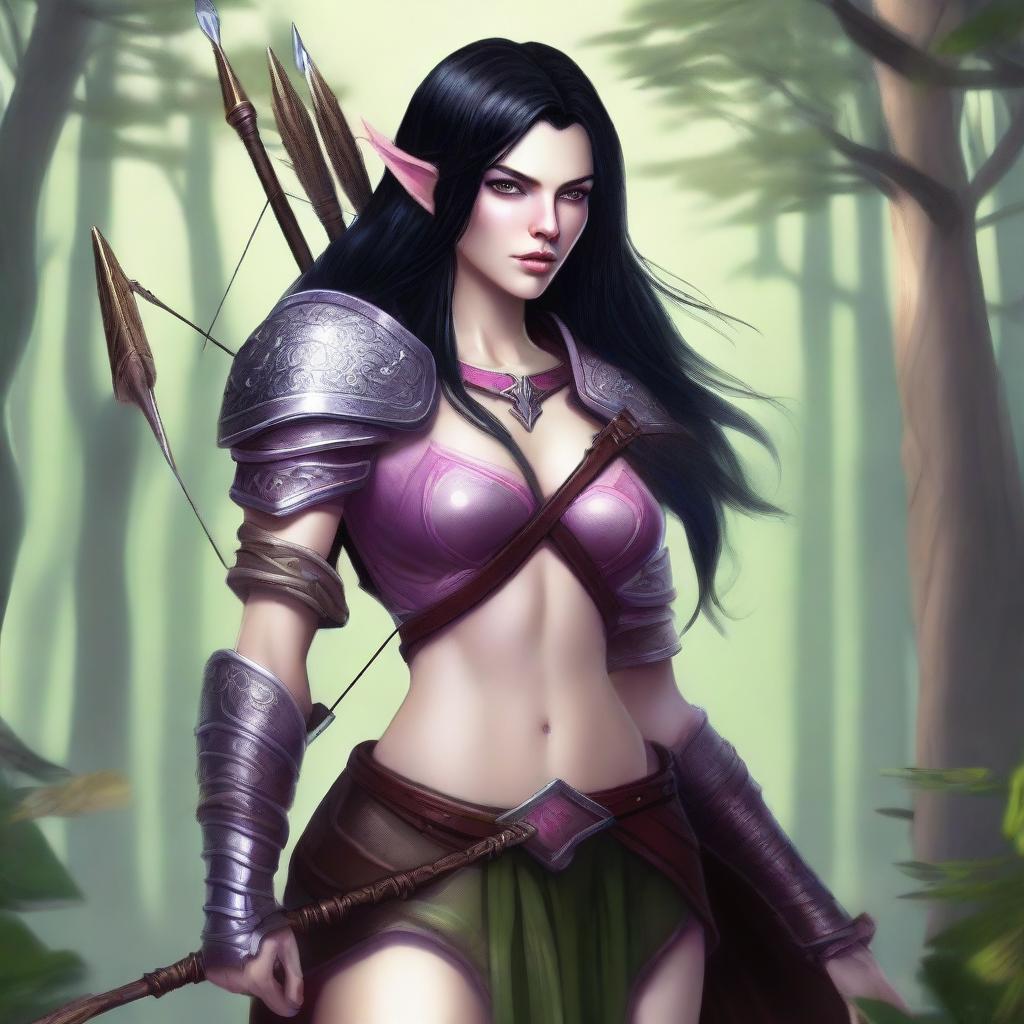 A detailed digital art image of a female wood elf ranger