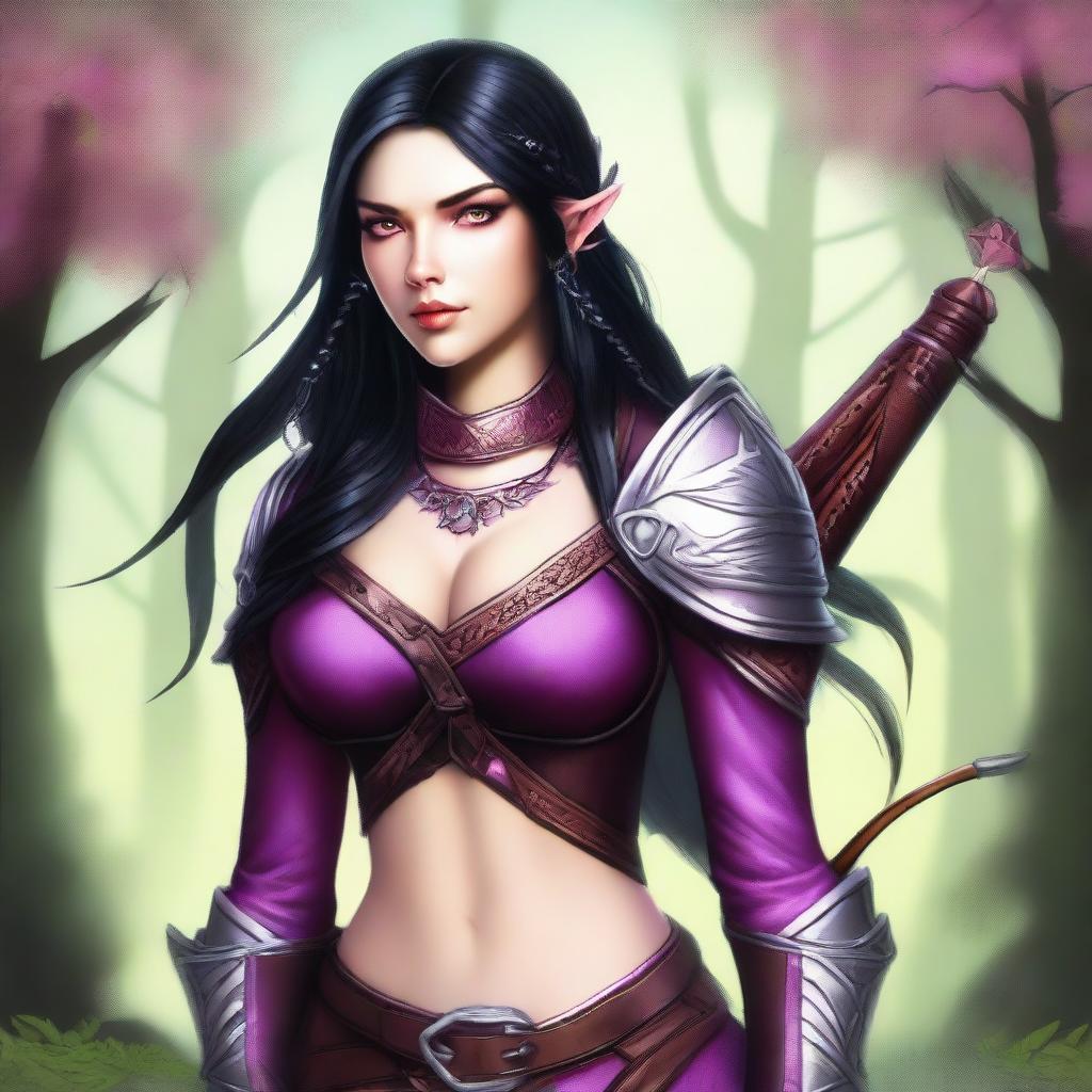 A detailed digital art image of a female wood elf ranger