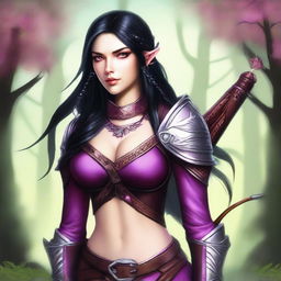 A detailed digital art image of a female wood elf ranger