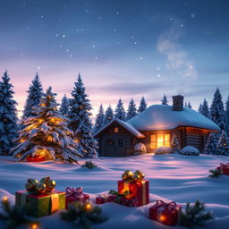 A beautiful and festive Christmas background featuring a snow-covered landscape with pine trees adorned with twinkling lights