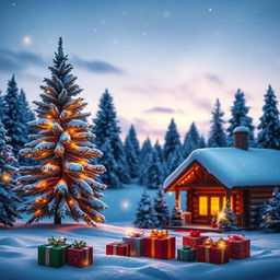 A beautiful and festive Christmas background featuring a snow-covered landscape with pine trees adorned with twinkling lights