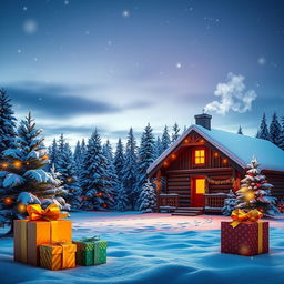 A beautiful and festive Christmas background featuring a snow-covered landscape with pine trees adorned with twinkling lights