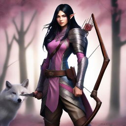 A detailed digital art image of a female wood elf ranger