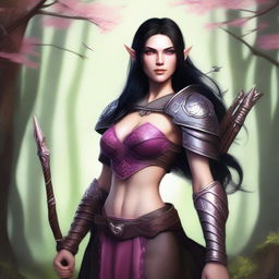 A detailed digital art image of a female wood elf ranger